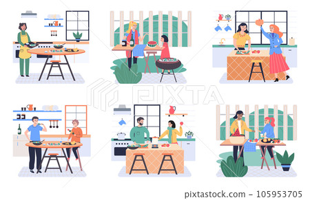 People cooking vegetarian food. Vector illustration. Smiling people cooking on home interior kitchen table. Characters cooking fresh salad and other healthy meals from fresh vegetables 105953705