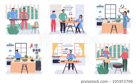 People cooking vegetarian food. Vector illustration. Parents and kids preparing lunch isolated on white. Happy woman cooking dietary vegetarian salad in kitchen. World food day poster People cooking vegetarian food. Vector illustration. Parents and kids preparing lunch isolated on white. Happy woman cooking dietary vegetarian salad in kitchen. World food day poster 105953706