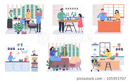 People cooking vegetarian food. Vector illustration. Homemade food, dinner, cozy atmosphere. Happy family cooking dinner together in modern kitchen. Parents and kids preparing lunch isolated on white People cooking vegetarian food. Vector illustration. Homemade food, dinner, cozy atmosphere. Happy family cooking dinner together in modern kitchen. Parents and kids preparing lunch isolated on white 105953707