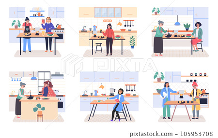 People cooking vegetarian food. Vector illustration. Homemade food, dinner, cozy atmosphere. Happy family cooking dinner together in modern kitchen. Parents and kids preparing lunch isolated on white People cooking vegetarian food. Vector illustration. Homemade food, dinner, cozy atmosphere. Happy family cooking dinner together in modern kitchen. Parents and kids preparing lunch isolated on white 105953708