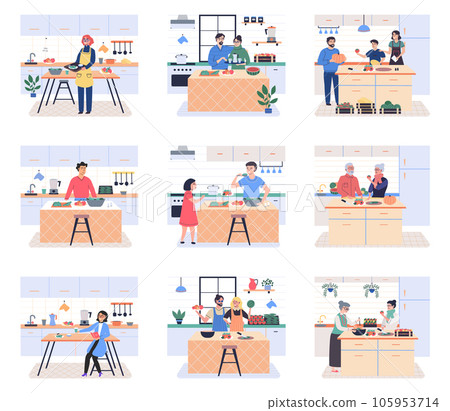Smiling people cooking on kitchen table. Set of various cartoon man, woman, family preparing food. Fresh vegetables. Cook healthy food at home. People cookink vegetarian food. Vector illustration Smiling people cooking on kitchen table. Set of various cartoon man, woman, family preparing food. Fresh vegetables. Cook healthy food at home. People cookink vegetarian food. Vector illustration 105953714