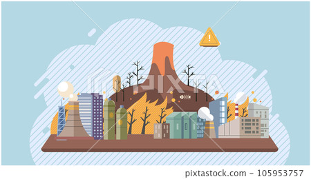Industries that create pollution and cities that affected by pollution. Metaphor climate change, global warming and water crisis. Save the planet symbols. Environmental problem. Fire and oil pollution 105953757