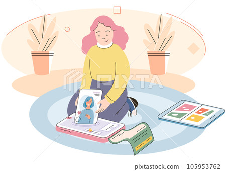 Social media post blogger girl, child likes friend. Captured happy moment of life. Social profile frame with young popular woman. Selfie creative idea. Children with phone and tablet at home 105953762
