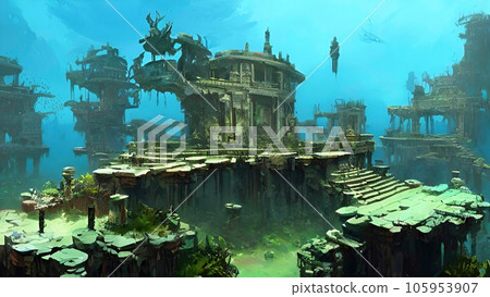On the seafloor, there are old temple remains with corroded columns - created by generative AI 105953907