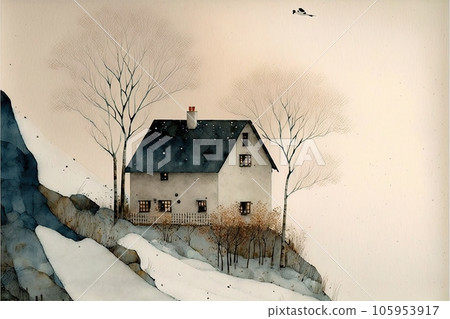 Winter snowy watercolor landscape.House in the trees.Small building in forest..Falling snowflakes.Minimalism created by generative AI 105953917