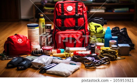 Disaster prevention goods, disaster prevention sets lined up on the floor AI-generated image 105953921