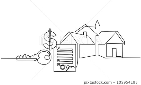 Renting or buying house: contract, money, key, home. Continuous one line drawing 105954193