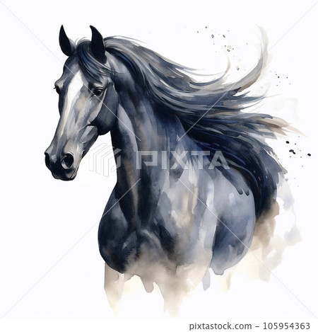 Black horse portrait isolated on transparent background. Watercolour illustration. Black horse portrait isolated on transparent background. Watercolour illustration. 105954363