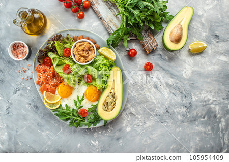 Ketogenic diet breakfast vegetables salad, avocado, fish, eggs, nuts with bulletproof keto coffee. place for text, top view Ketogenic diet breakfast vegetables salad, avocado, fish, eggs, nuts with bulletproof keto coffee. place for text, top view 105954409