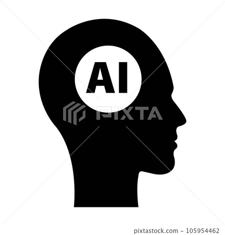 AI, Artificial intelligence icon of man human face with a digital chip on brain for computer and technology silhouette illustration 105954462
