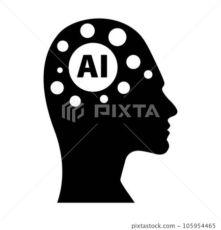 AI, Artificial intelligence icon of woman human face with a digital chip on brain for computer and technology silhouette illustration 105954465