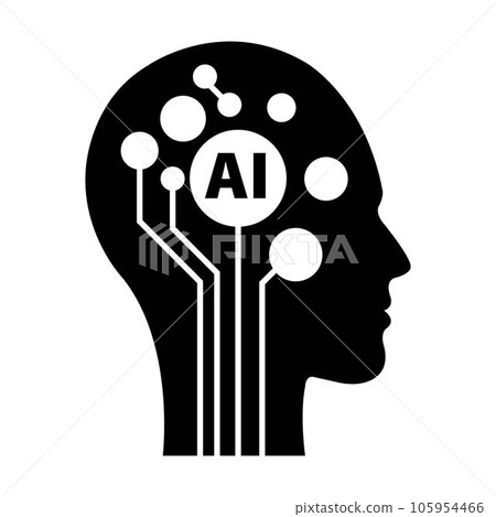 AI, Artificial intelligence icon of man human face with a digital chip on brain for computer and technology silhouette illustration 105954466