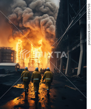 AI generated Firefighters extinguish a fire in an industrial building, chemical plant, power plant at night 105954708