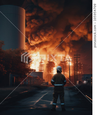 AI generated Firefighters extinguish a fire in an industrial building, chemical plant, power plant at night 105954709