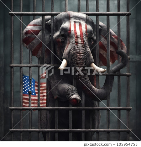 Generative AI Illustration of an Elephant sitting in a dark jail cell behind bars with an American flag hanging on the wall. Generative AI Illustration of an Elephant sitting in a dark jail cell behind bars with an American flag hanging on the wall. 105954753