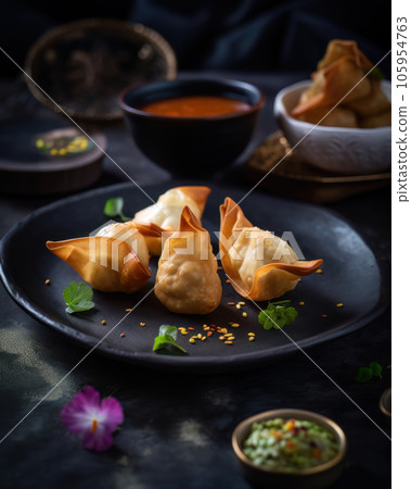 AI generated restaurant serving Delhi street Foodie, samosas AI generated restaurant serving Delhi street Foodie, samosas 105954763