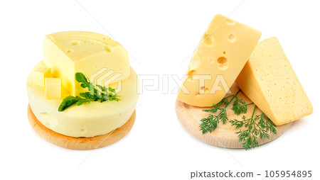 Cheese on a cheese board isolated on white. Collage. Wide photo. Free space for text. 105954895