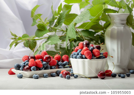 Colorful assorted mix of blueberries, raspberries, and sweet cherries. Colorful assorted mix of blueberries, raspberries, and sweet cherries. 105955003