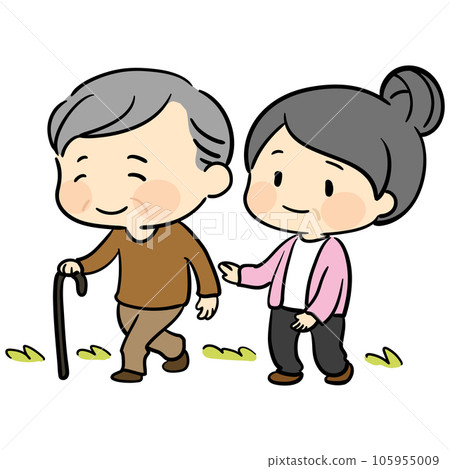 A simple and cute illustration of an elderly man walking with a cane and an elderly woman supporting it A simple and cute illustration of an elderly man walking with a cane and an elderly woman supporting it 105955009