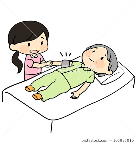 Cute illustration of an elderly woman sleeping in bed with a nurse measuring blood pressure 105955010