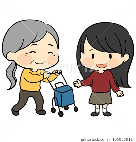 一位老年婦女與助行器和一位微笑的婦女一起散步的可愛插圖 一位老年婦女與助行器和一位微笑的婦女一起散步的可愛插圖 105955011
