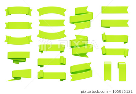 Green ribbon banner 3d render set. Glossy bright text box in form of curled and rolled tape for sale or discount promotion sign. Title frame design element for advertising or congratulation message. 105955121