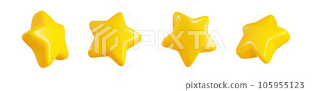 Star in different angles 3d illustration set - glossy yellow floating star-shaped design element for rating or winner concept. Best quality and good rating symbol. 105955123