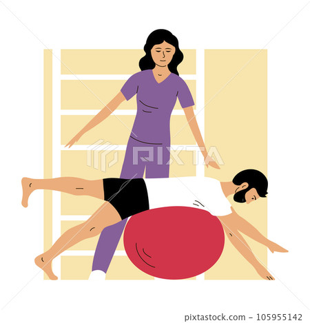 Man patient doing exercise on the ball under the supervision of a woman doctor Man patient doing exercise on the ball under the supervision of a woman doctor 105955142