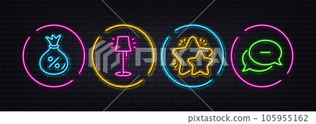 Stand lamp, Star and Loan minimal line icons. Neon laser 3d lights. Dots message icons. For web, application, printing. Floor lamp, Customer feedback, Money bag. Chat bubble. Vector Stand lamp, Star and Loan minimal line icons. Neon laser 3d lights. Dots message icons. For web, application, printing. Floor lamp, Customer feedback, Money bag. Chat bubble. Vector 105955162