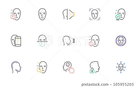 Face recognize line icons. Biometrics detection, Face id and scanning. Identification linear icon set. Bicolor outline web elements. Vector 105955203