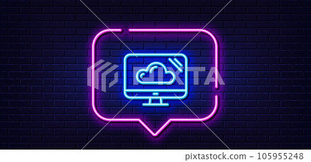 Neon light speech bubble. Computer line icon. Cloud storage service sign. Monitor symbol. Neon light background. Cloud storage glow line. Brick wall banner. Vector Neon light speech bubble. Computer line icon. Cloud storage service sign. Monitor symbol. Neon light background. Cloud storage glow line. Brick wall banner. Vector 105955248