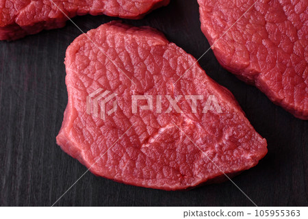 Juicy fresh raw beef meat with salt, spices and herbs Juicy fresh raw beef meat with salt, spices and herbs 105955363