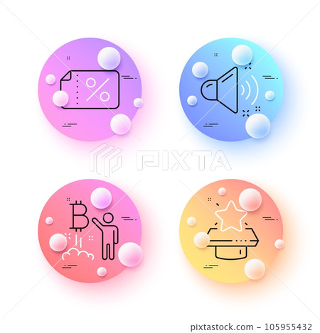 Winner podium, Bitcoin project and Loud sound minimal line icons. 3d spheres or balls buttons. Discount banner icons. For web, application, printing. First place, Cryptocurrency startup, Music. Vector Winner podium, Bitcoin project and Loud sound minimal line icons. 3d spheres or balls buttons. Discount banner icons. For web, application, printing. First place, Cryptocurrency startup, Music. Vector 105955432