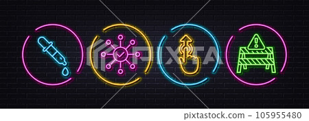 Survey check, Chemistry pipette and Swipe up minimal line icons. Neon laser 3d lights. Warning road icons. For web, application, printing. Correct answer, Laboratory, Touch technology. Vector Survey check, Chemistry pipette and Swipe up minimal line icons. Neon laser 3d lights. Warning road icons. For web, application, printing. Correct answer, Laboratory, Touch technology. Vector 105955480