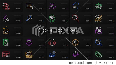 Set of Web report, Stress grows and Paper clip line icons. Include Manual, Teamwork, Microscope icons. Stress, Chemistry flask, Time management web elements. Workflow, Search, Teacher. Vector 105955483