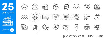 Outline icons set. Waves, Car travel and Yummy smile icons. Sleep, Photo album, Refresh cart web elements. Only you, Love, Miss you signs. Circus, Love letter, Honeymoon travel. Sale. Vector 105955484