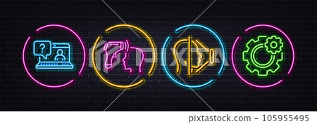 Faq, Electronic thermometer and Face id minimal line icons. Neon laser 3d lights. Cogwheel icons. For web, application, printing. Web support, Temperature scan, Phone scanning. Vector Faq, Electronic thermometer and Face id minimal line icons. Neon laser 3d lights. Cogwheel icons. For web, application, printing. Web support, Temperature scan, Phone scanning. Vector 105955495