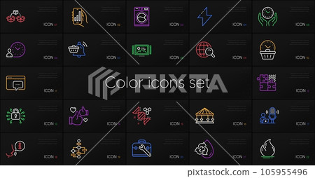 Set of Puzzle game, Fire energy and Time management line icons. Include Security lock, Internet search, Parcel shipping icons. Like, Last minute, Washing machine web elements. Carousels. Vector 105955496