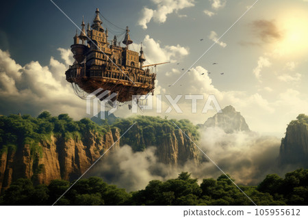 flying pirate ship flying above the mountains. Fantasy illustration 105955612