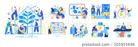 Memphis business illustration, company - modern outlined flat vector concept illustrations set, corporate Corporate Memphis style business metaphor 105955696