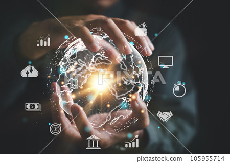 Tech driven Global Business, Businessman embraces technology as he analyzes big data for business intelligence. composition of world map digital links emphasizes interconnectedness of global market. 105955714