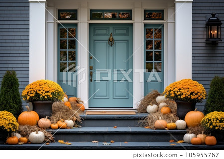 Front door with fall decor, pumpkins and autumnthemed decorations Front door with fall decor, pumpkins and autumnthemed decorations 105955767
