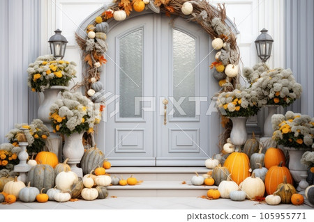 Front door with fall decor, pumpkins and autumnthemed decorations Front door with fall decor, pumpkins and autumnthemed decorations 105955771