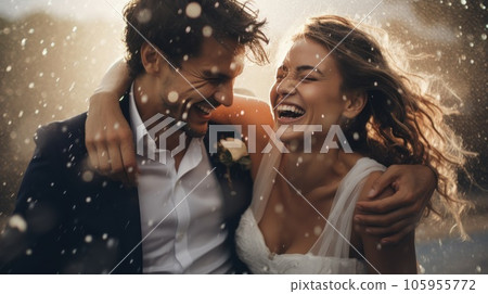Brides and grooms smiling, with water drops thrown 105955772