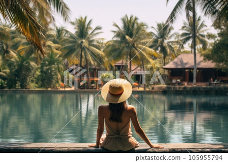 A woman wearing a hat looking at the water of a lagoon hotel and a swimming pool A woman wearing a hat looking at the water of a lagoon hotel and a swimming pool 105955794