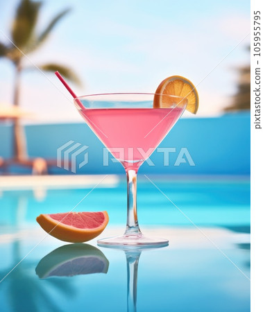 Pink cocktail with lemon wedge sitting on the pool table Pink cocktail with lemon wedge sitting on the pool table 105955795