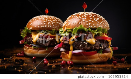 Two burgers on dark background 105955814