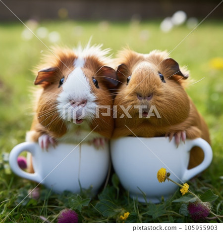 two guinea pigs sit in two cups and gnaw on one grass two guinea pigs sit in two cups and gnaw on one grass 105955903