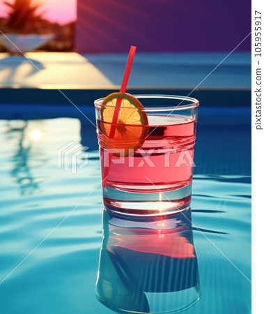 Pink cocktail with lemon wedge sitting on the pool table 105955917