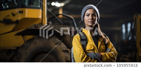 A woman wearing hard hat and protective jacket stands in the electric wires of a power station working A woman wearing hard hat and protective jacket stands in the electric wires of a power station working 105955918